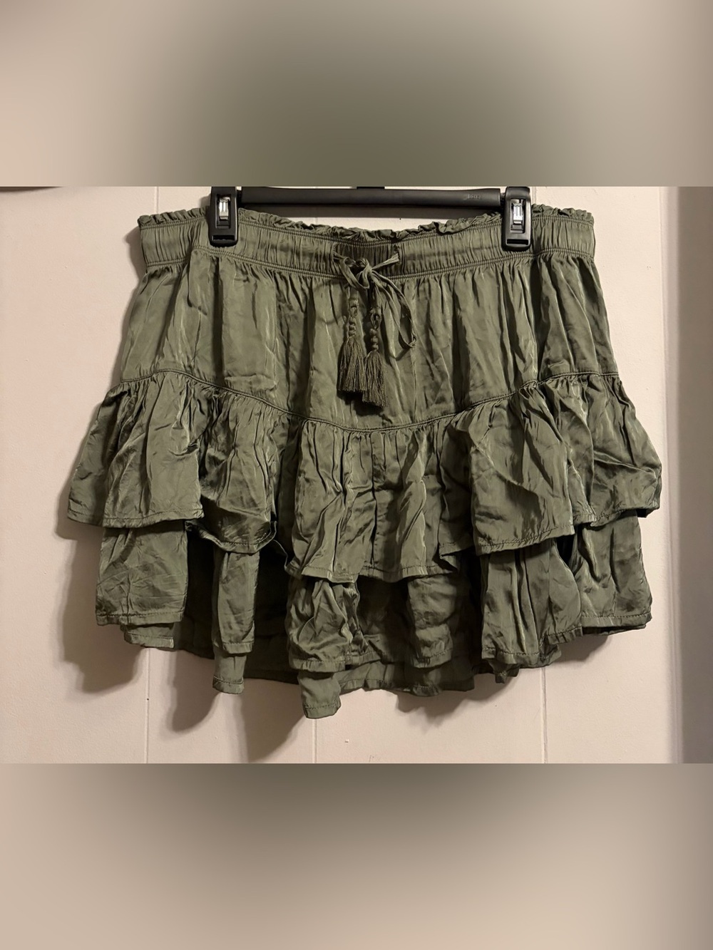 aerie Olive Green Tiered Ruffle Skirt with Tassel Tie Silky